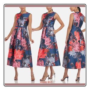 NWT $298 Kay Unger [‎ 4 ] Floral Karla Tea Length Dress in Ink Plum Blue Pockets